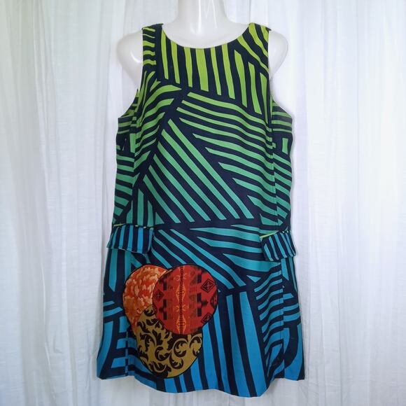 DESIGUAL Bold Graphic Sheath Dress S M 42 Lined Striped Sleeveless Appliqué - Picture 1 of 8